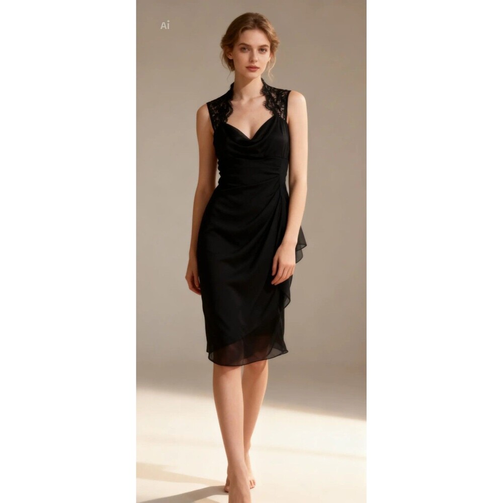Scarlett Black Lace Solid Cowl Neck Sleeveless Lined Knee Dress 4
